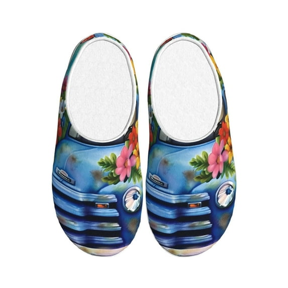 Rateoe Floral Truck Welcome Print Women's Men's Cotton Knit Slippers Lightweight Memory Foam Indoor House Shoes with Anti-Skid Sole-44/45