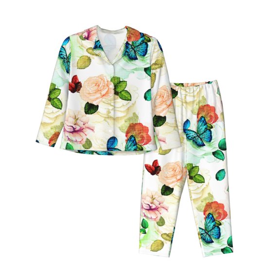 Rateoe Floral Vintage Pattern Womens Pajamas Set Long Sleeve Sleepwear Button Down Nightwear Soft Cotton Pj Lounge Sets