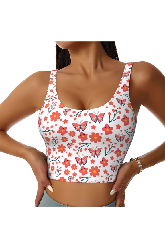 Floral butterfly Print Womens' Sports Bras Scoop Neck Sports Vest- Padded U Back Seamless High Impact Support-Large