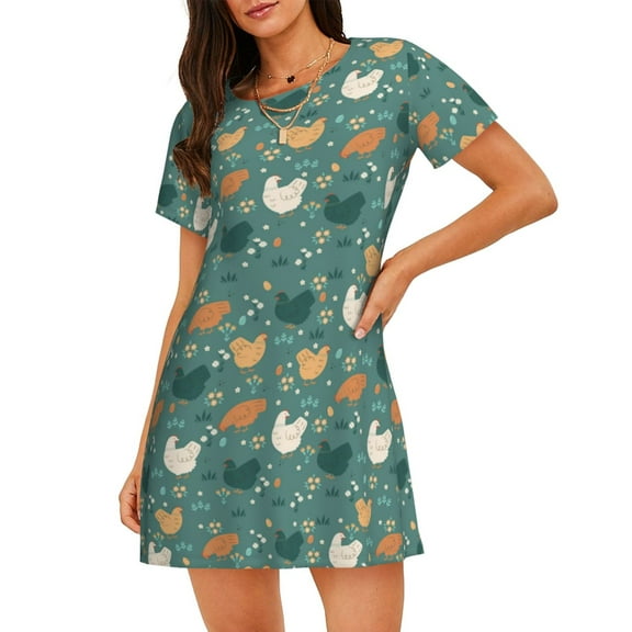 Rateoe Flowe Rooster Print Women’s Nightdress – Cozy Cotton Short-sleeved Sleep Shirt, Loose-Fit Sleepwear, Perfect for Relaxing and Sleeping
