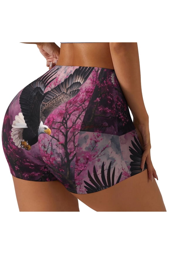 Flower Bald Eagle Printed Power Workout Shorts for Women Tummy Control Squat Proof Ribbed Thick Seamless Scrunch Active Short-Large