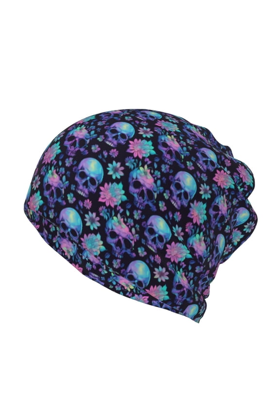 Flower Blue Skull Cotton Slouchy Beanie Hat for Men/Women,Lightweight Oversize Large Thin Skull Cap Night Sleeping Cap
