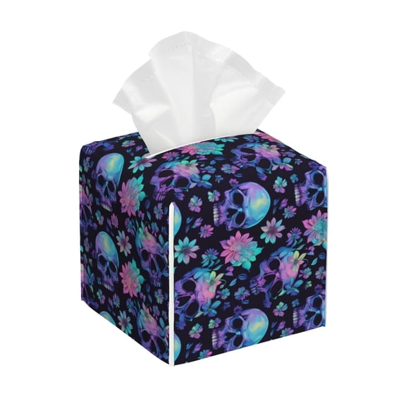 Rateoe Flower Blue Skull Pattern Tissue Box Cover, Modern Square Decorative Leather Facial Paper Case Organizer Holder Dispenser 5X5X5''