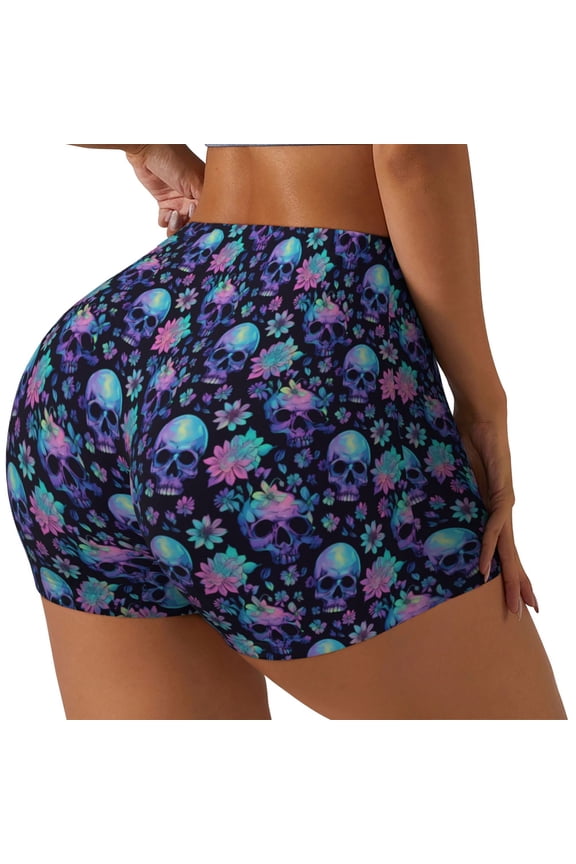 Flower Blue Skull Printed Power Workout Shorts for Women Tummy Control Squat Proof Ribbed Thick Seamless Scrunch Active Short-XX-Large