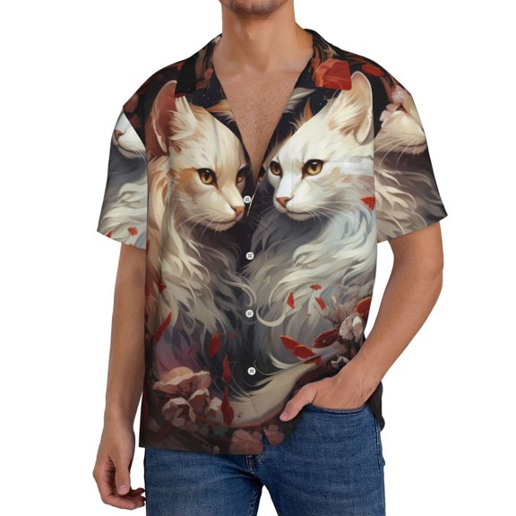 Rateoe Flower Cat Couple Pattern Men's Short Sleeve Classic Shirt, Casual Short-Sleeved Shirt, Lightweight Summer Shirt, Cuban Collar Shirt,Button-Front Shirt-Small