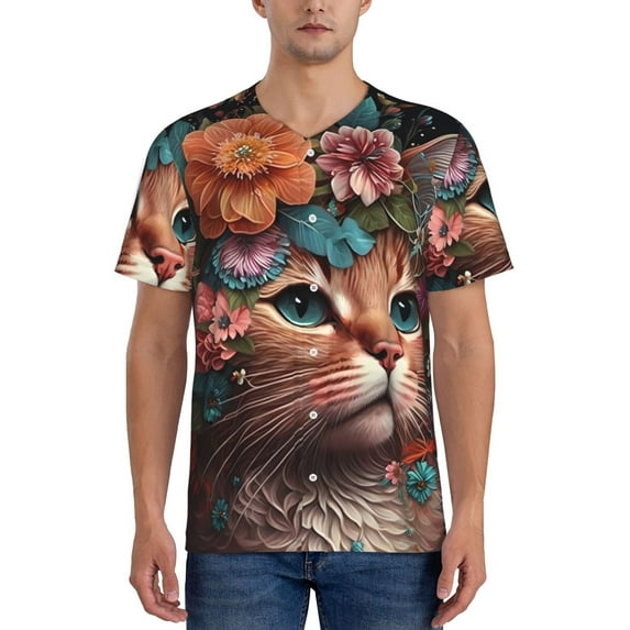 Rateoe Flower Crown Cat Pattern Men’s Baseball Short Sleeve Polo Shirt, Midweight Men's Shirt Golf Shirt Polo Shirts Quick Dry Short-3X-Large