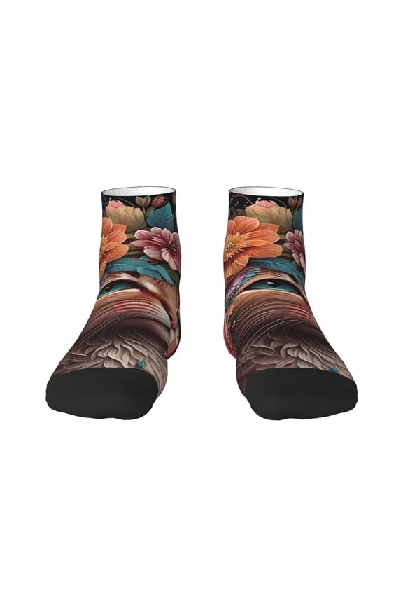 Flower Crown Cat Pattern Quarter Crew Socks,Toe Seamed Ankle Socks,Cotton Cushioned Breathable Athletic Crew Sports Socks