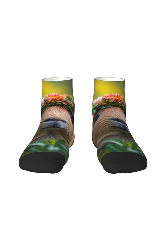Flower Crown Guinea Pig Pattern Quarter Crew Socks,Toe Seamed Ankle Socks,Cotton Cushioned Breathable Athletic Crew Sports Socks