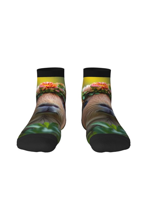 Flower Crown Guinea Pig Pattern Quarter Crew Socks,Toe Seamed Ankle Socks,Cotton Cushioned Breathable Athletic Crew Sports Socks