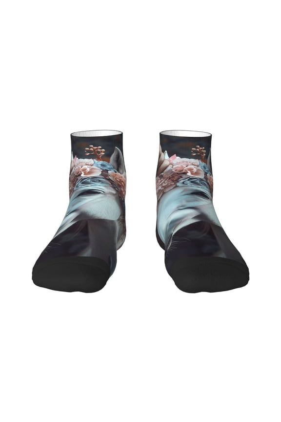 Flower Crown White Horse Pattern Quarter Crew Socks,Toe Seamed Ankle Socks,Cotton Cushioned Breathable Athletic Crew Sports Socks