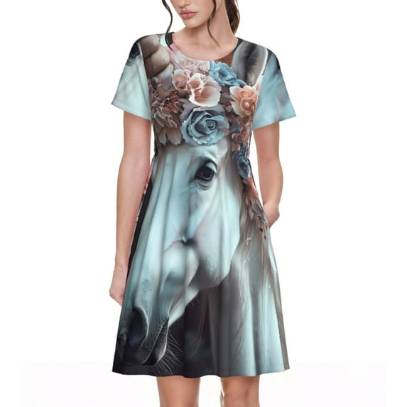 Rateoe Flower Crown White Horse Pattern Women’s Short Sleeve Dress – Casual Elegant Summer A-Line Dress for Everyday Wear