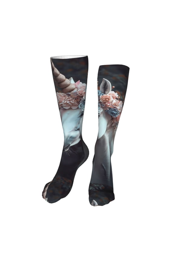 Flower Crown White Horse print Women's Men's Novelty 20in Crew Socks Cotton Socks Knee High Socks for Walking,Running,Nurses,Pregnancy-One Size