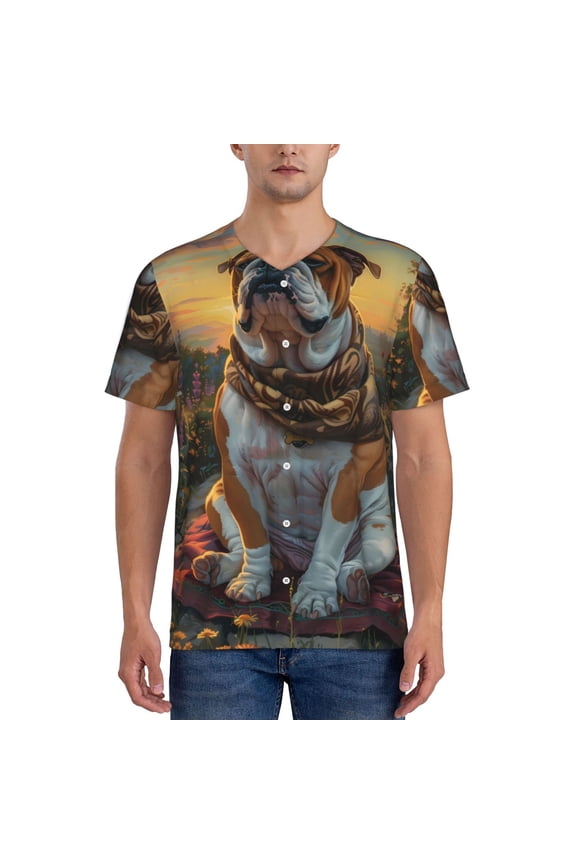 Flower Field Cute Bulldog Pattern Men’s Baseball Short Sleeve Polo Shirt, Midweight Men's Shirt Golf Shirt Polo Shirts Quick Dry Short-Large