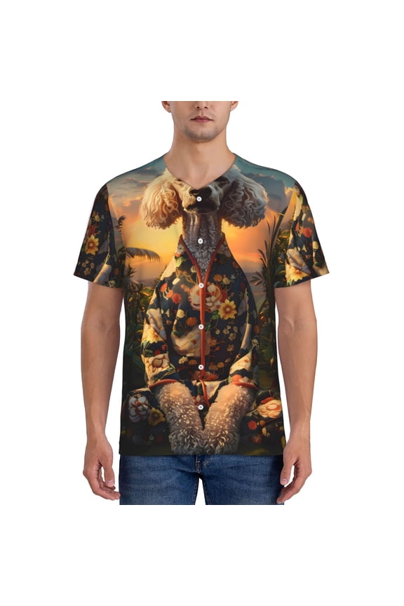 Flower Field Poodle Pattern Men’s Baseball Short Sleeve Polo Shirt, Midweight Men's Shirt Golf Shirt Polo Shirts Quick Dry Short-X-Large