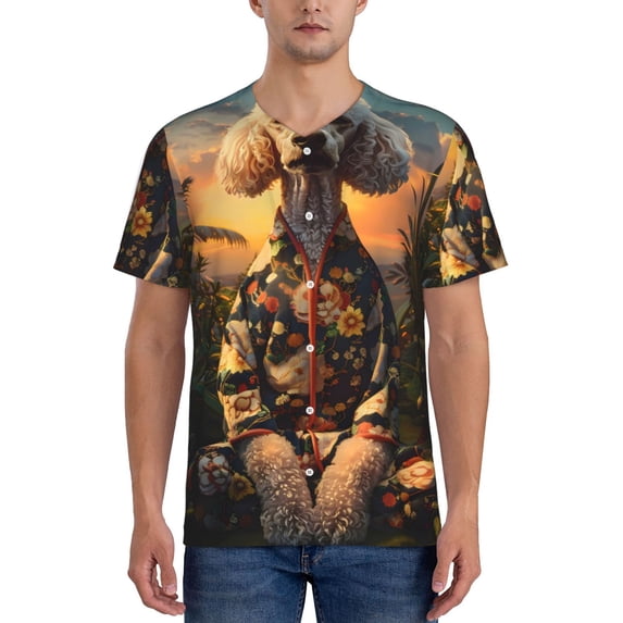 Rateoe Flower Field Poodle Pattern Men’s Baseball Short Sleeve Polo Shirt, Midweight Men's Shirt Golf Shirt Polo Shirts Quick Dry Short-XX-Large