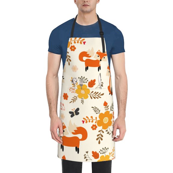 Rateoe Flower Fox Aprons with Pocket,Men Womens Aprons Waterproof Adjustable Cooking Aprons for Kitchen Gardening and Salon