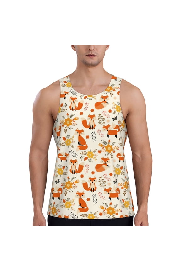 Flower Fox Pattern Sleeveless Gym Shirt Muscle Tee Breathable Workout Shirt Slim-Fit Tank Quick Dry Fit Muscle Tank Top Bodybuilding Sleeveless T Shirt-