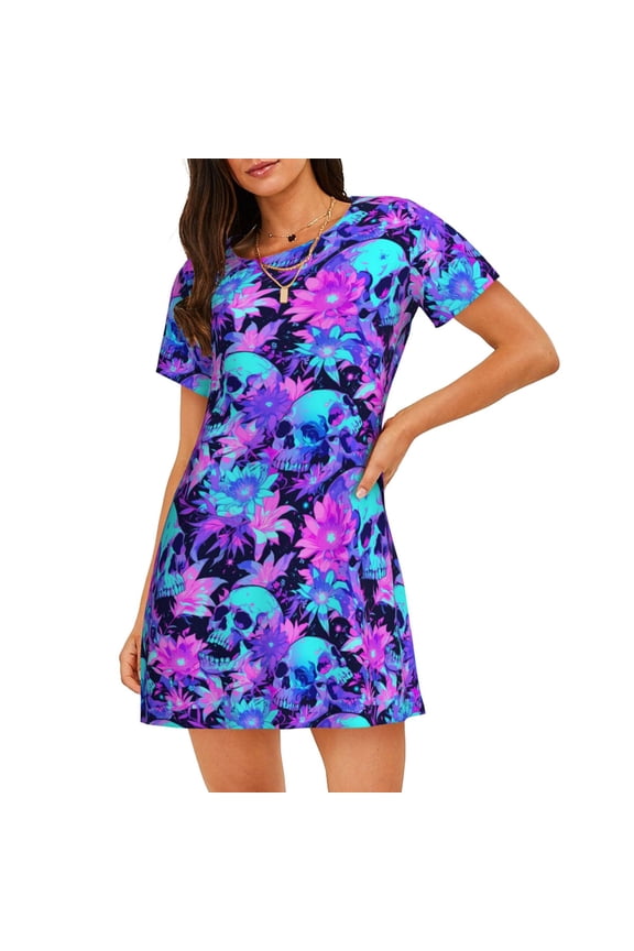 Flower Happy Skull Print Women’s Nightdress – Cozy Cotton Short-sleeved Sleep Shirt, Loose-Fit Sleepwear, Perfect for Relaxing and Sleeping
