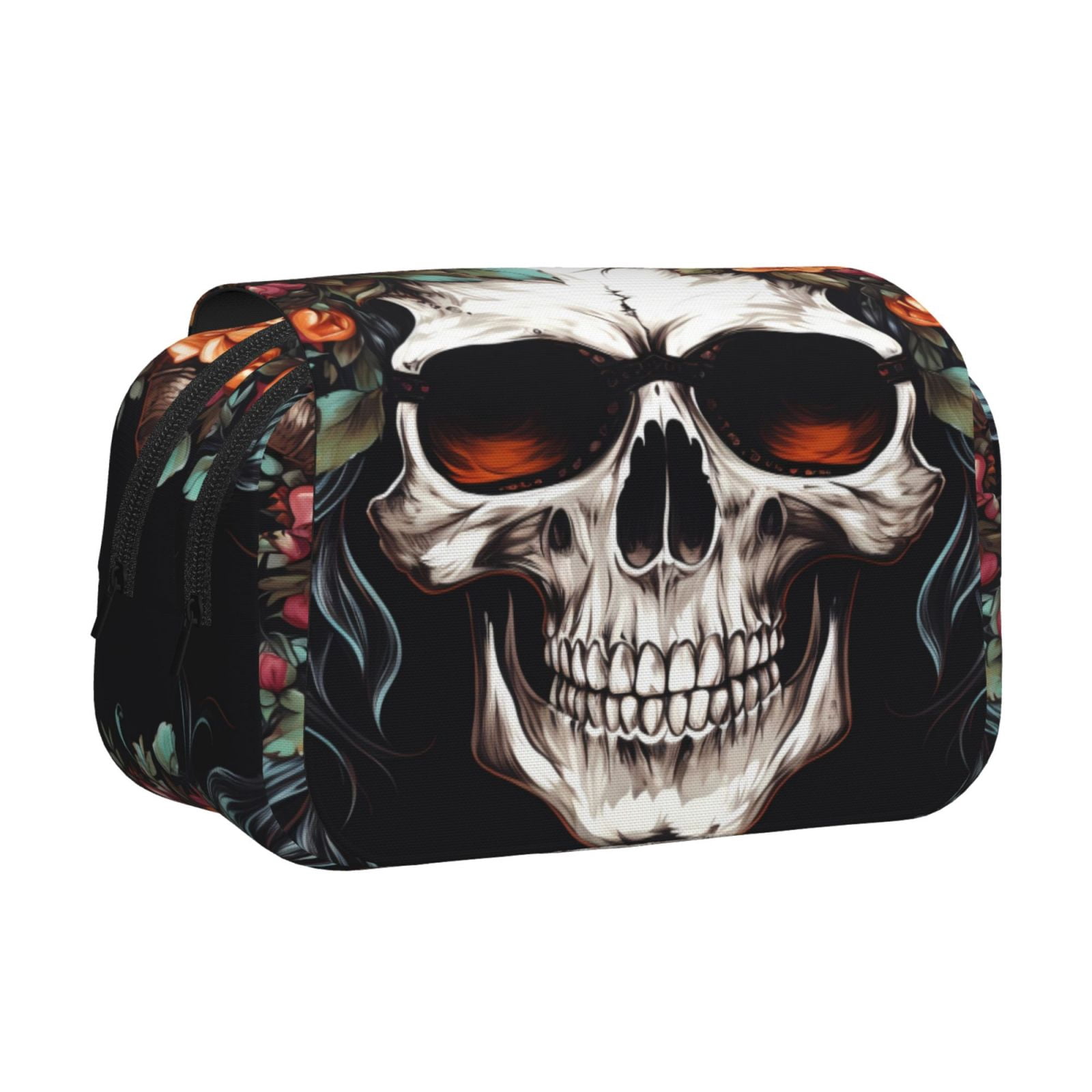 Rateoe Flower Horn Skull Pattern Double Clamshell Pen Case, Storage Organizer with Two Zipper Compartments– Holds Up to 50 Pencils & Pens