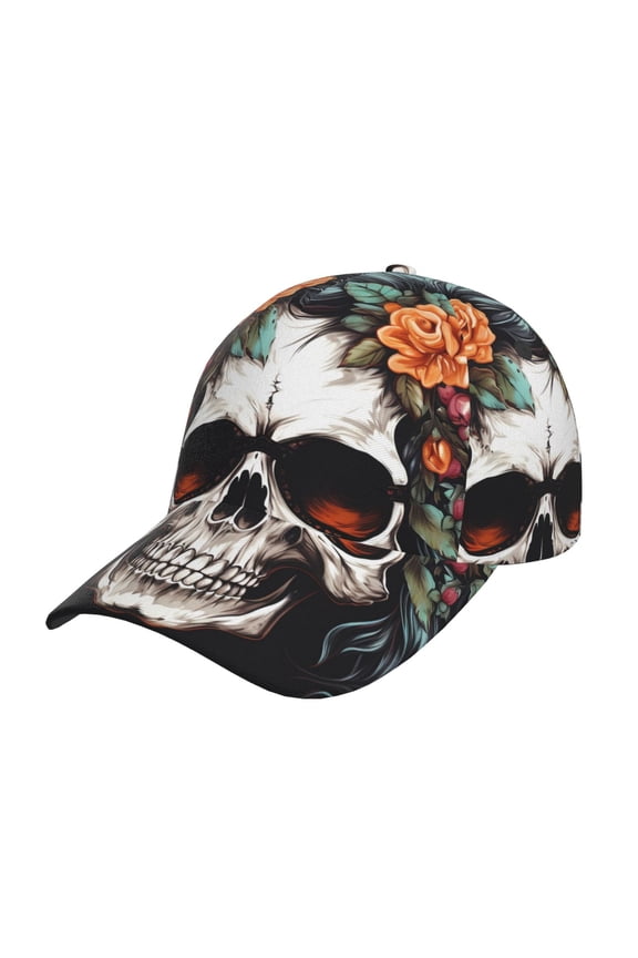 Flower Horn Skull Pattern Mens Baseball Cap  Adjustable Curved Brim Hat, Soft Cotton Sports Cap for Outdoor, Casual, and Everyday Wear, Comfortable & Breathable