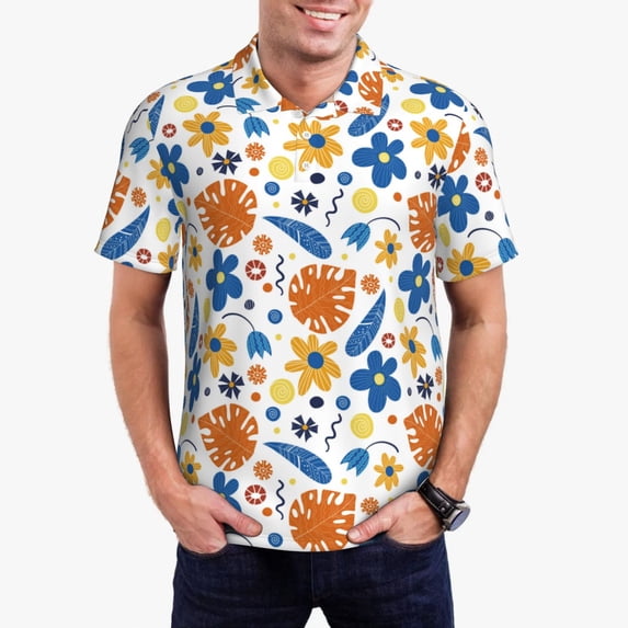 Rateoe Flower Pattern Men's Short Sleeve Polo Shirts, Golf Polo Shirts Short Sleeve Performance Moisture Wicking Dry-4X-Large