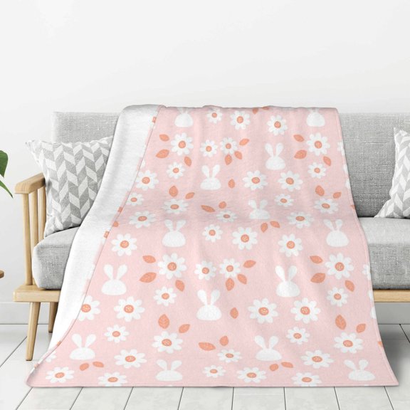 Rateoe Flower Rabbit Pattern Flannel Throw Blanket, Ultra-soft Blanket for Bed, Couch, Car, Hypoallergenic Anti-pilling blanket-60"x50"(Vertical)