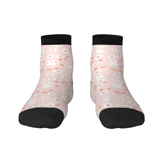 Rateoe Flower Rabbit Pattern Quarter Crew Socks,Toe Seamed Ankle Socks,Cotton Cushioned Breathable Athletic Crew Sports Socks