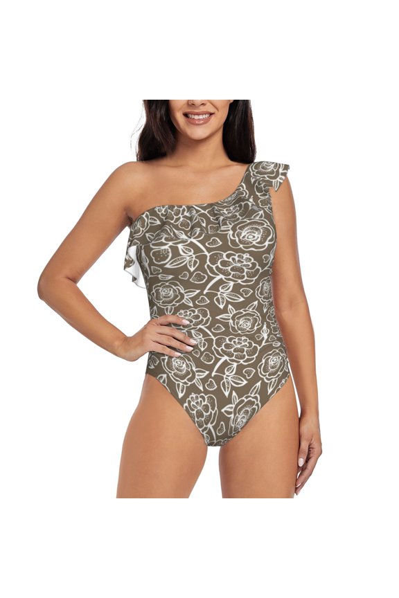 Flower Rose Pattern Women One Piece Swimsuits Tummy Control One Shoulder Bathing Suits Ruffle Swimwear-Medium
