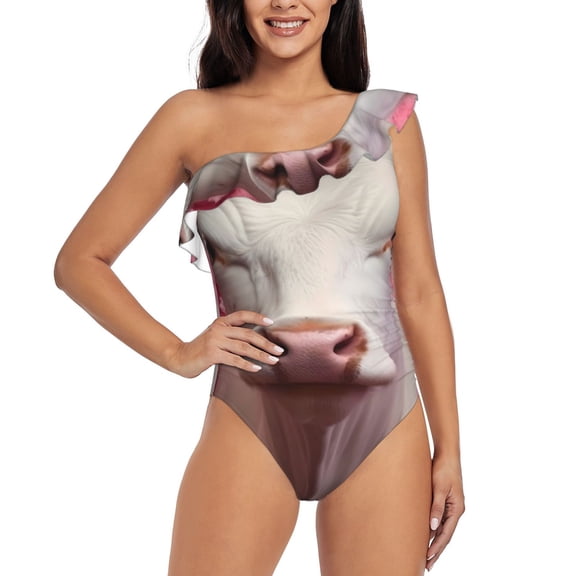 Rateoe Flower White Cow Pattern Women One Piece Swimsuits Tummy Control One Shoulder Bathing Suits Ruffle Swimwear-Medium