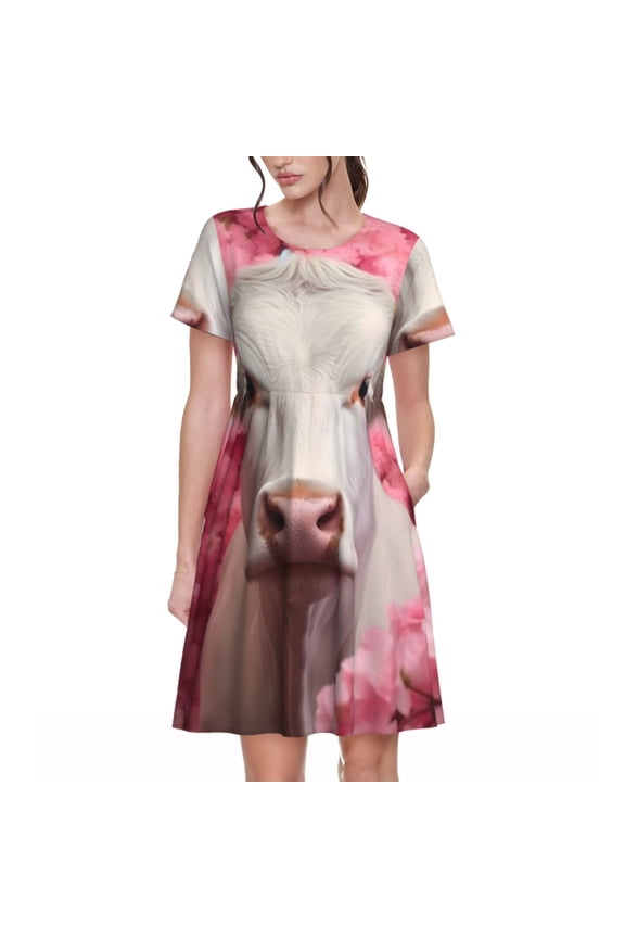 Flower White Cow Pattern Women’s Short Sleeve Dress – Casual Elegant Summer A-Line Dress for Everyday Wear