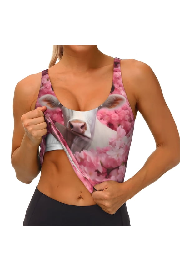 Flower White Cow Print Womens' Sports Bras Scoop Neck Sports Vest- Padded U Back Seamless High Impact Support