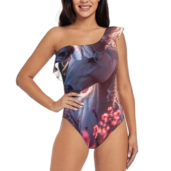 Rateoe Flower White Horse Pattern Women One Piece Swimsuits Tummy Control One Shoulder Bathing Suits Ruffle Swimwear-Large