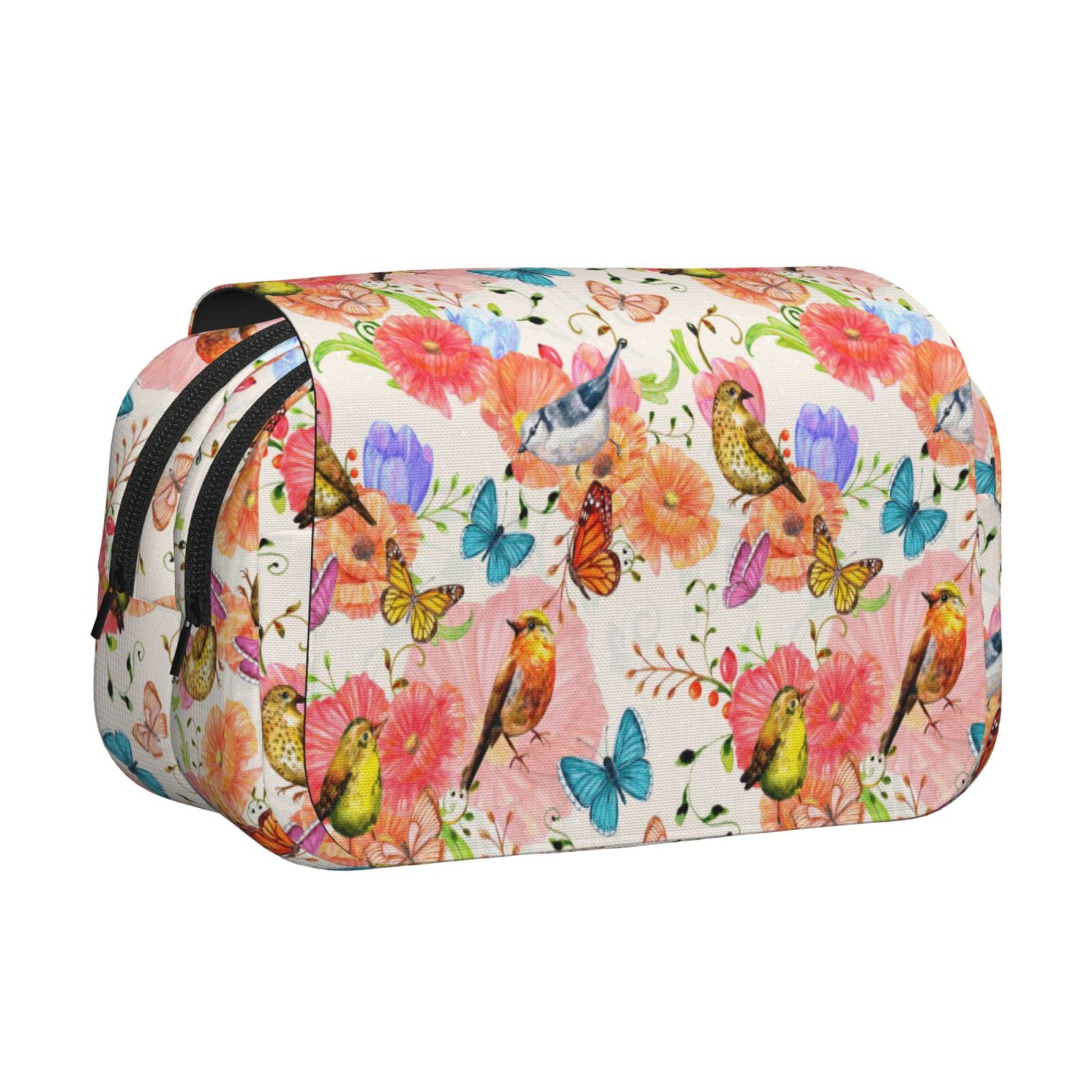 Rateoe Flowers And Birds Watercolor Pattern Double Clamshell Pen Case, Storage Organizer with Two Zipper Compartments– Holds Up to 50 Pencils & Pens