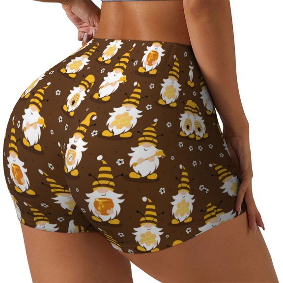 Rateoe Flowers And Gnomes Bees Printed Power Workout Shorts for Women Tummy Control Squat Proof Ribbed Thick Seamless Scrunch Active Short-X-Large