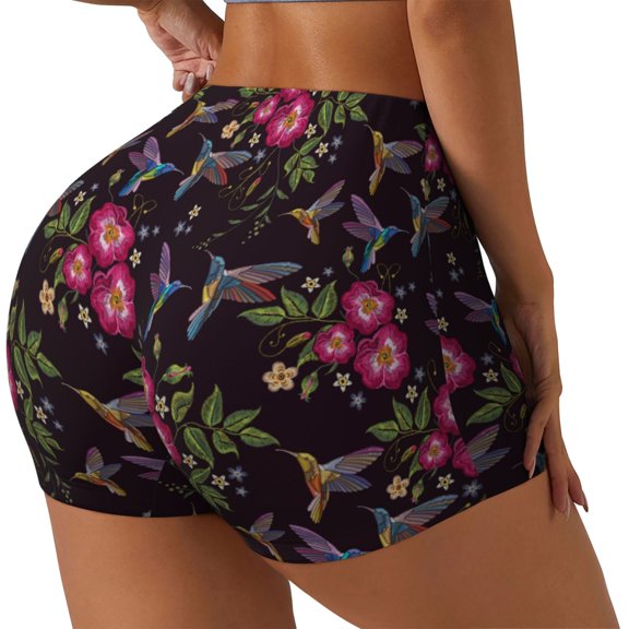 Rateoe Flowers And Humming Bird1 Printed Power Workout Shorts for Women Tummy Control Squat Proof Ribbed Thick Seamless Scrunch Active Short-Large