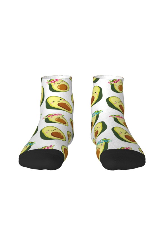 Flowers Avocado Pattern Quarter Crew Socks,Toe Seamed Ankle Socks,Cotton Cushioned Breathable Athletic Crew Sports Socks