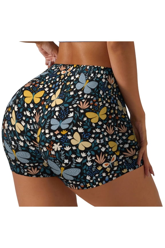 Flowers Butterfly Printed Power Workout Shorts for Women Tummy Control Squat Proof Ribbed Thick Seamless Scrunch Active Short-Small