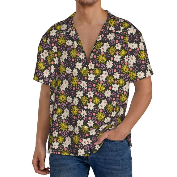 Rateoe Flowers Daisy Pattern Men's Short Sleeve Classic Shirt, Casual Short-Sleeved Shirt, Lightweight Summer Shirt, Cuban Collar Shirt,Button-Front Shirt-3X-Large
