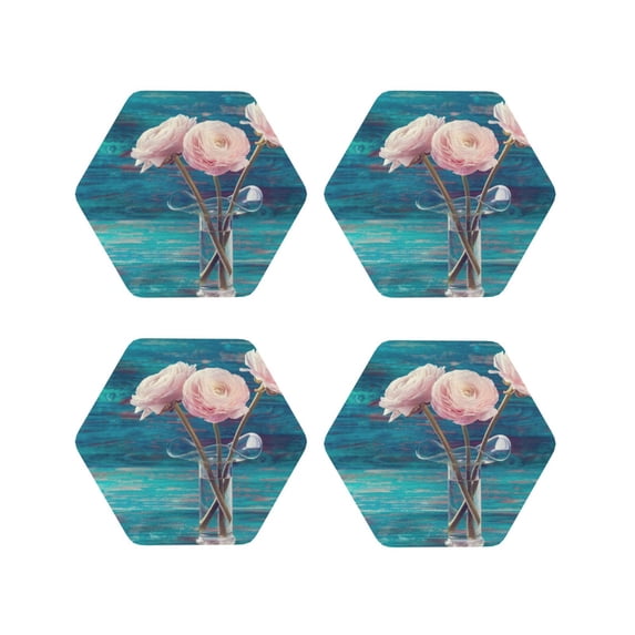 Rateoe Flowers in Glass Vase Drawing Drink Coasters Set of 4 Leather Coasters Spill Protection for Table Desk,Durable and Non Slip Leather Coaster ,4 Inches Drink Mats-Hexagon