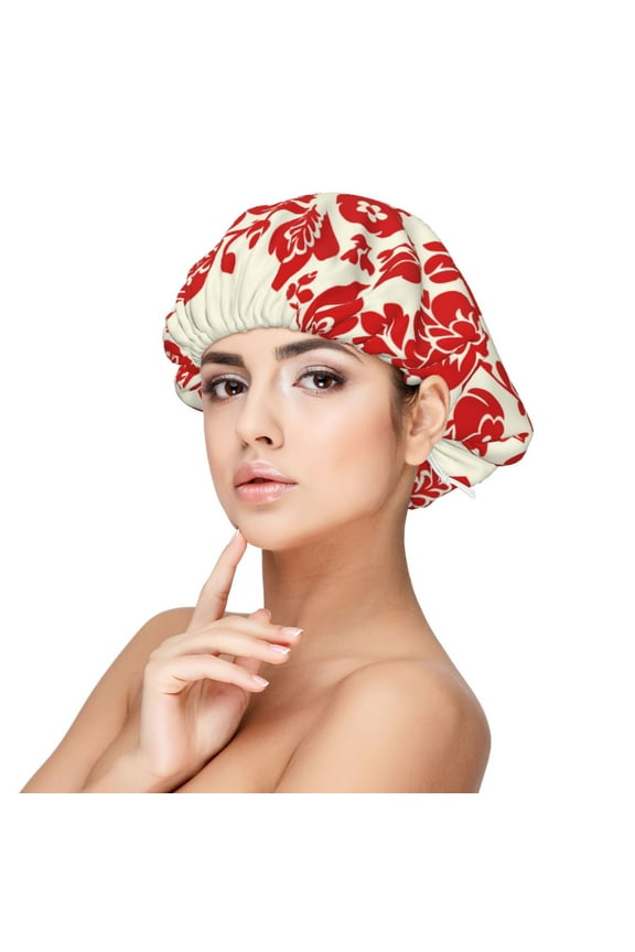 Flowers Red Beige Pattern Silk Satin Hair Bonnet for Sleeping, Adjustable Sleep Cap Turban for Women , Curly Straight Hair Long Large Braid