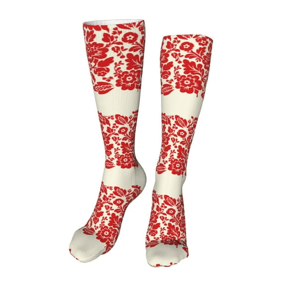 Rateoe Flowers Red Beige print Women's Men's Novelty 20in Crew Socks Cotton Socks Knee High Socks for Walking,Running,Nurses,Pregnancy-One Size