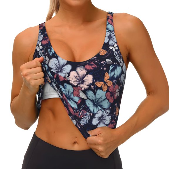 Rateoe Flowers ad Butterflies Print Womens' Sports Bras Scoop Neck Sports Vest- Padded U Back Seamless High Impact Support