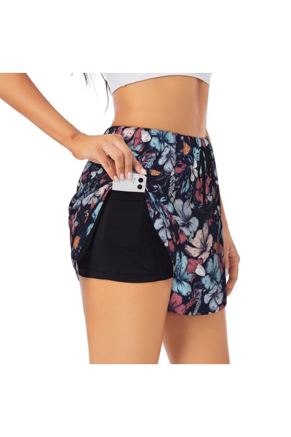 Flowers ad Butterflies Printed 2 in 1 Women's Workout Shorts for Athletic Gym Running Shorts with Phone Pockets-Large