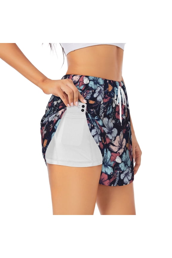 Flowers ad Butterflies Printed 2 in 1 Women's Workout Shorts for Athletic Gym Running Shorts with Phone Pockets-Large