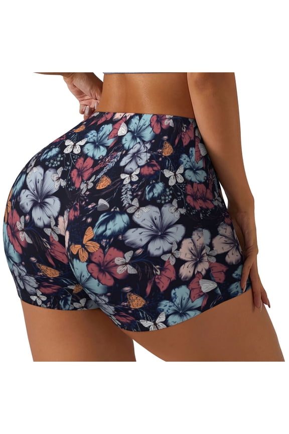Flowers ad Butterflies Printed Power Workout Shorts for Women Tummy Control Squat Proof Ribbed Thick Seamless Scrunch Active Short-Large