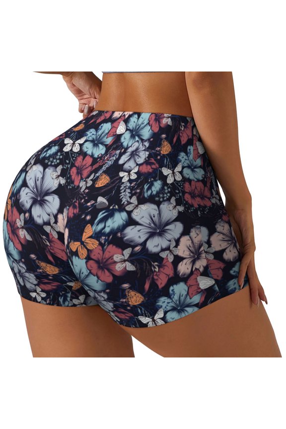 Flowers ad Butterflies Printed Power Workout Shorts for Women Tummy Control Squat Proof Ribbed Thick Seamless Scrunch Active Short-Small