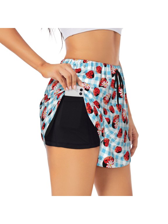 Flowers and Lady Bugs Printed 2 in 1 Women's Workout Shorts for Athletic Gym Running Shorts with Phone Pockets-Small