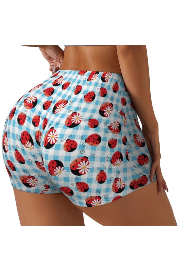 Flowers and Lady Bugs Printed Power Workout Shorts for Women Tummy Control Squat Proof Ribbed Thick Seamless Scrunch Active Short-X-Large