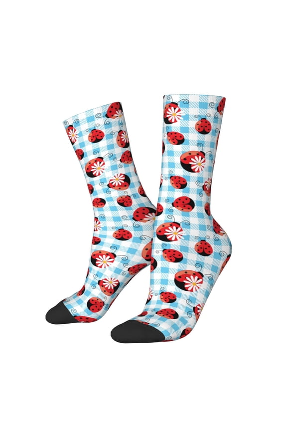 Flowers and Lady Bugs for Women Casual Calf Socks - Cute Crew Socks - Thin Soft Above Ankle Socks Size 5-11