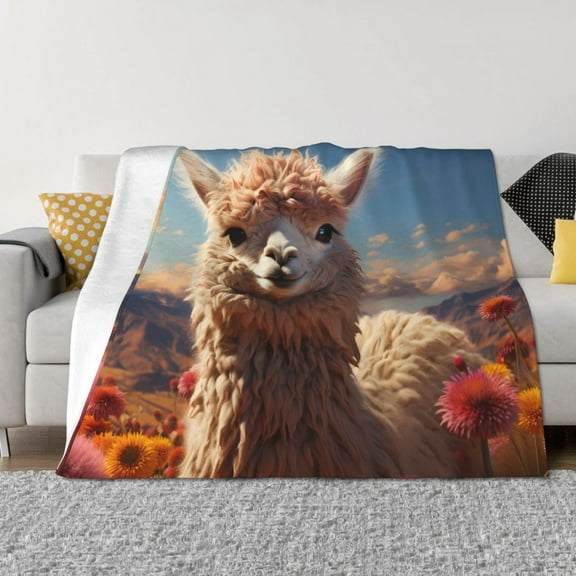 Rateoe Fluffy Alpaca Mountain Meadow Pattern Flannel Throw Blanket, Ultra-soft Blanket for Bed, Couch, Car, Hypoallergenic Anti-pilling blanket-